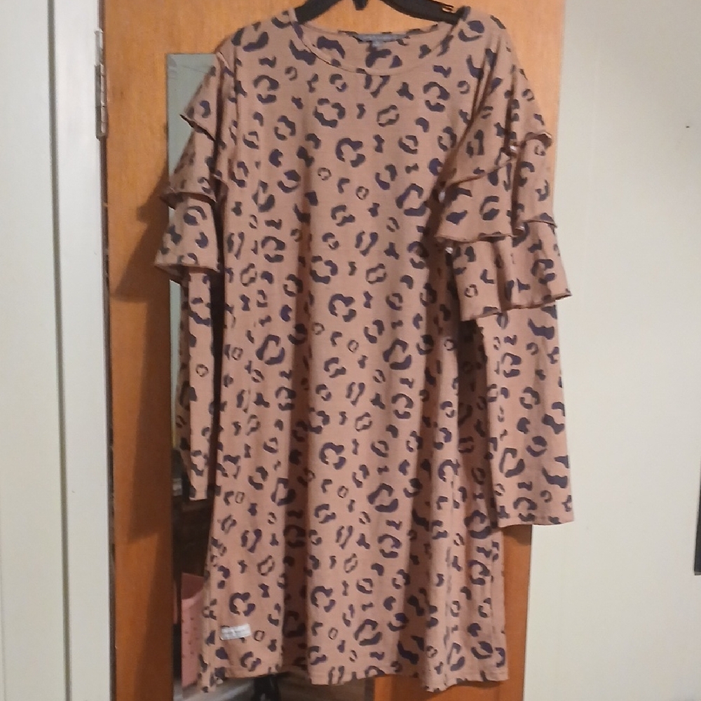 Simply Southern Womens Dress with Leopard Print and Ruffle Sleeves